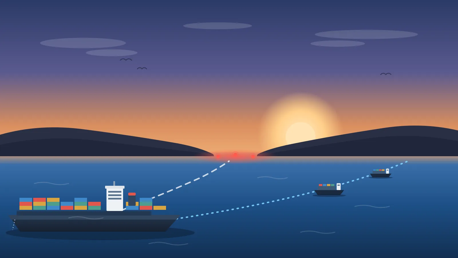 Redaktionelle Illustration: Ein beladenes Containerschiff liegt gestoppt vor einer engen Meerenge mit roten Warnleuchten, während zwei kleine Feederschiffe auf einer gepunkteten Ausweichroute der Küste entlang weiterfahren