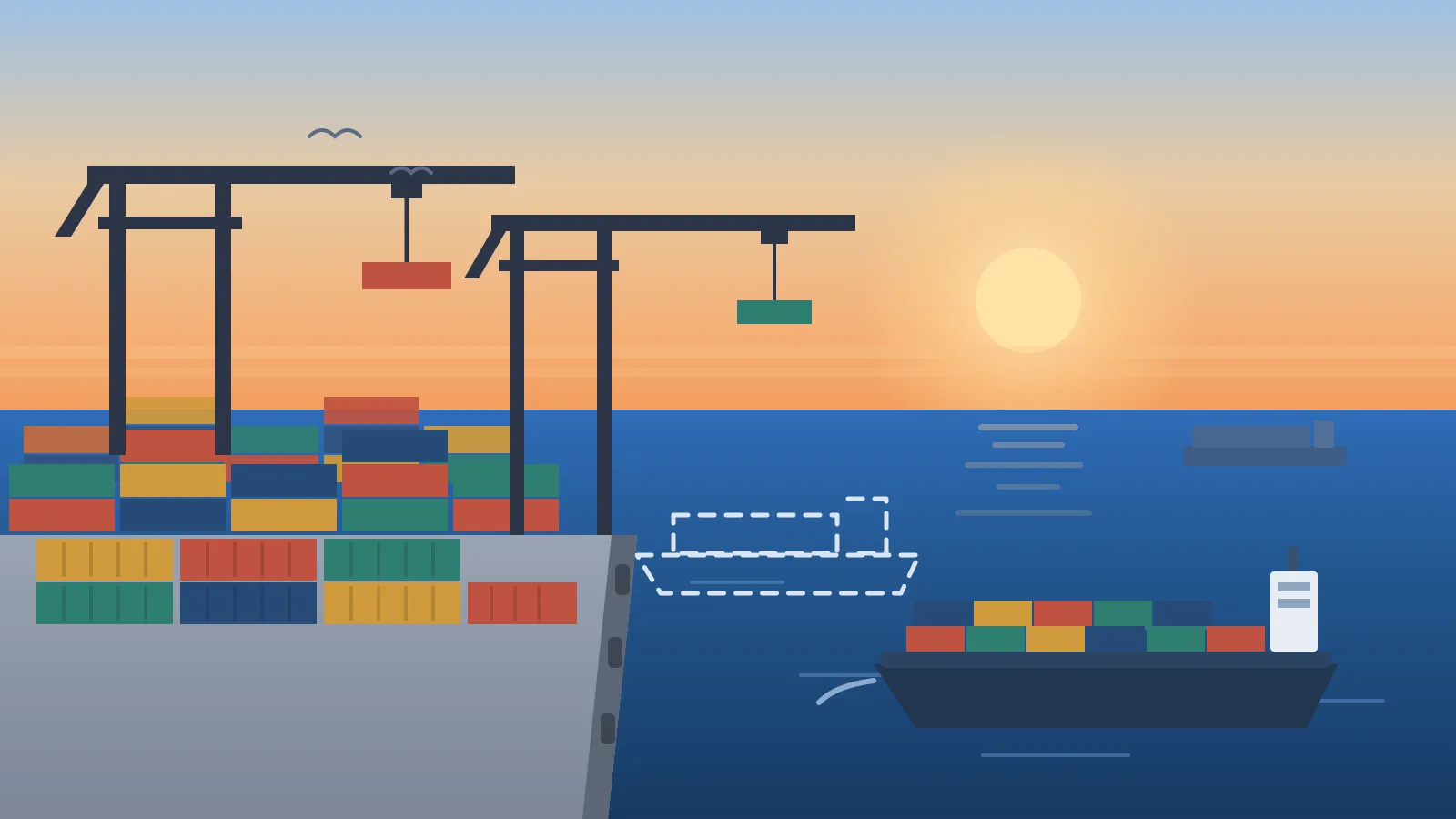 Illustration éditoriale : un quai d'exportation à l'aube, saturé de hautes piles de conteneurs et de portiques, tandis qu'en mer un des trois porte-conteneurs prévus n'apparaît qu'en silhouette pointillée, marquant un départ annulé