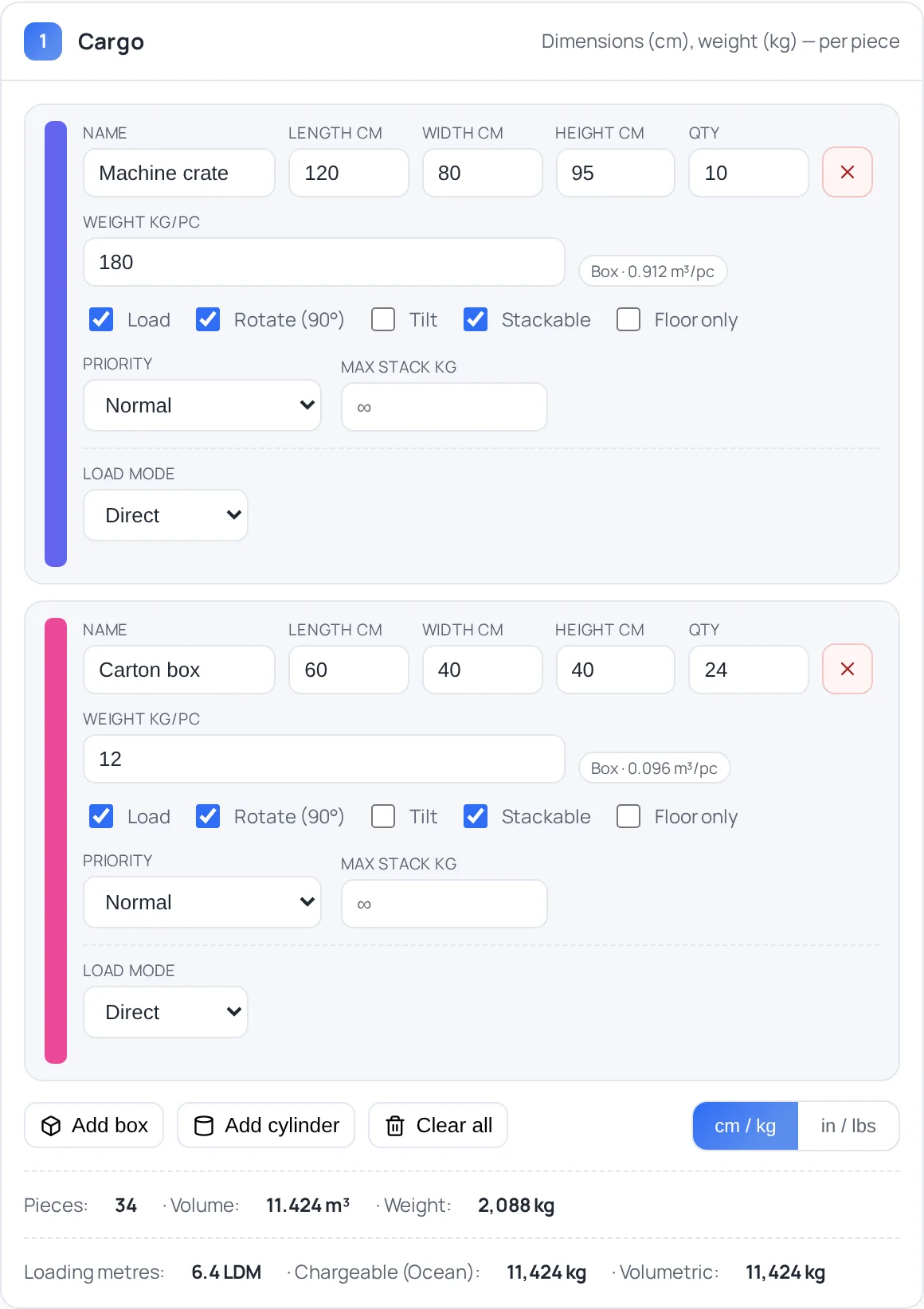 Cargo card of the free Spoterix Load Calculator with two example rows, handling options, totals and the freight metrics line