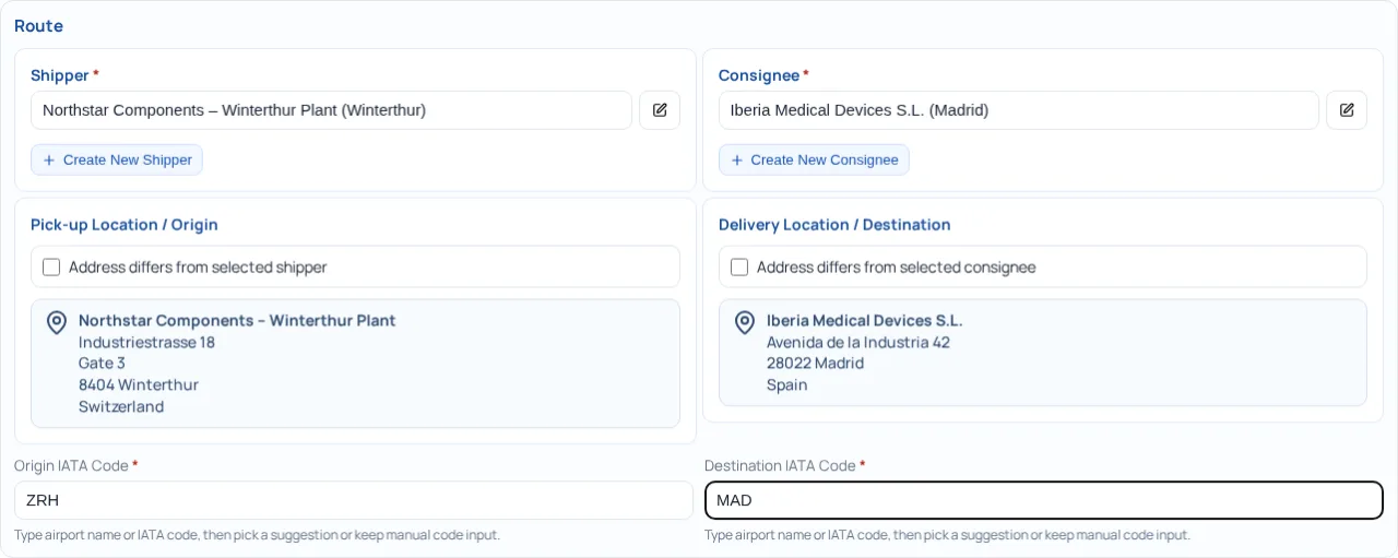 Spoterix-Routenschritt mit fiktiven Shipper- und Consignee-Einträgen, Abhol- und Lieferadresse sowie den Flughafencodes ZRH und MAD