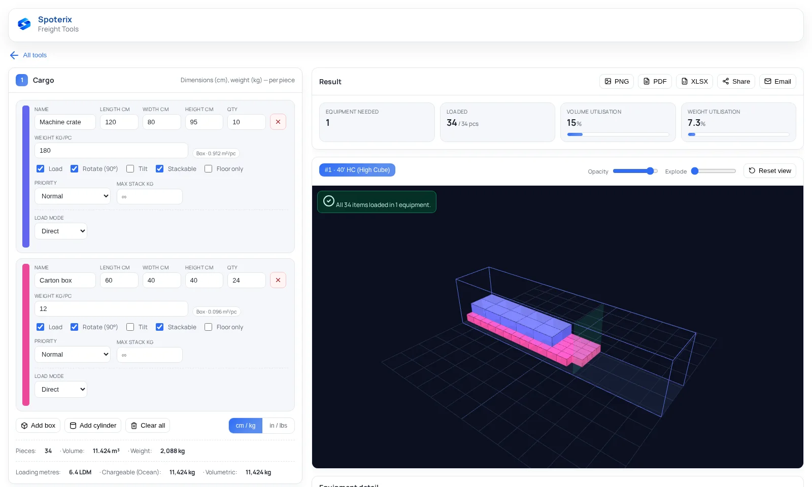 Free public version of the Load Calculator with cargo list, result metrics, and 3D view of a loaded 40' high cube container
