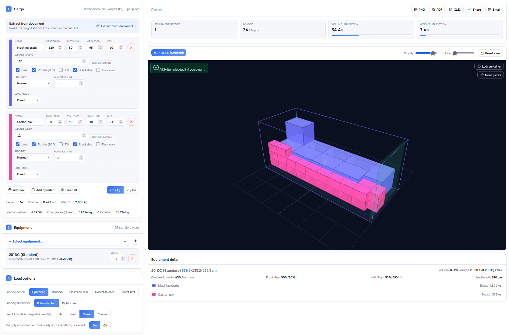 Spoterix Load Calculator mit Ladungsliste, Equipment-Auswahl und 3D-Ladevorschau