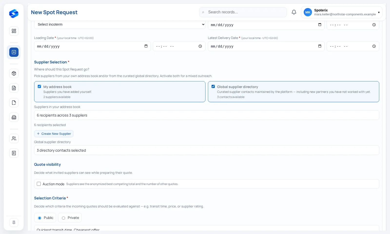 Supplier-Auswahl eines neuen Spot Requests mit eigenem Adressbuch und globalem Supplier-Verzeichnis